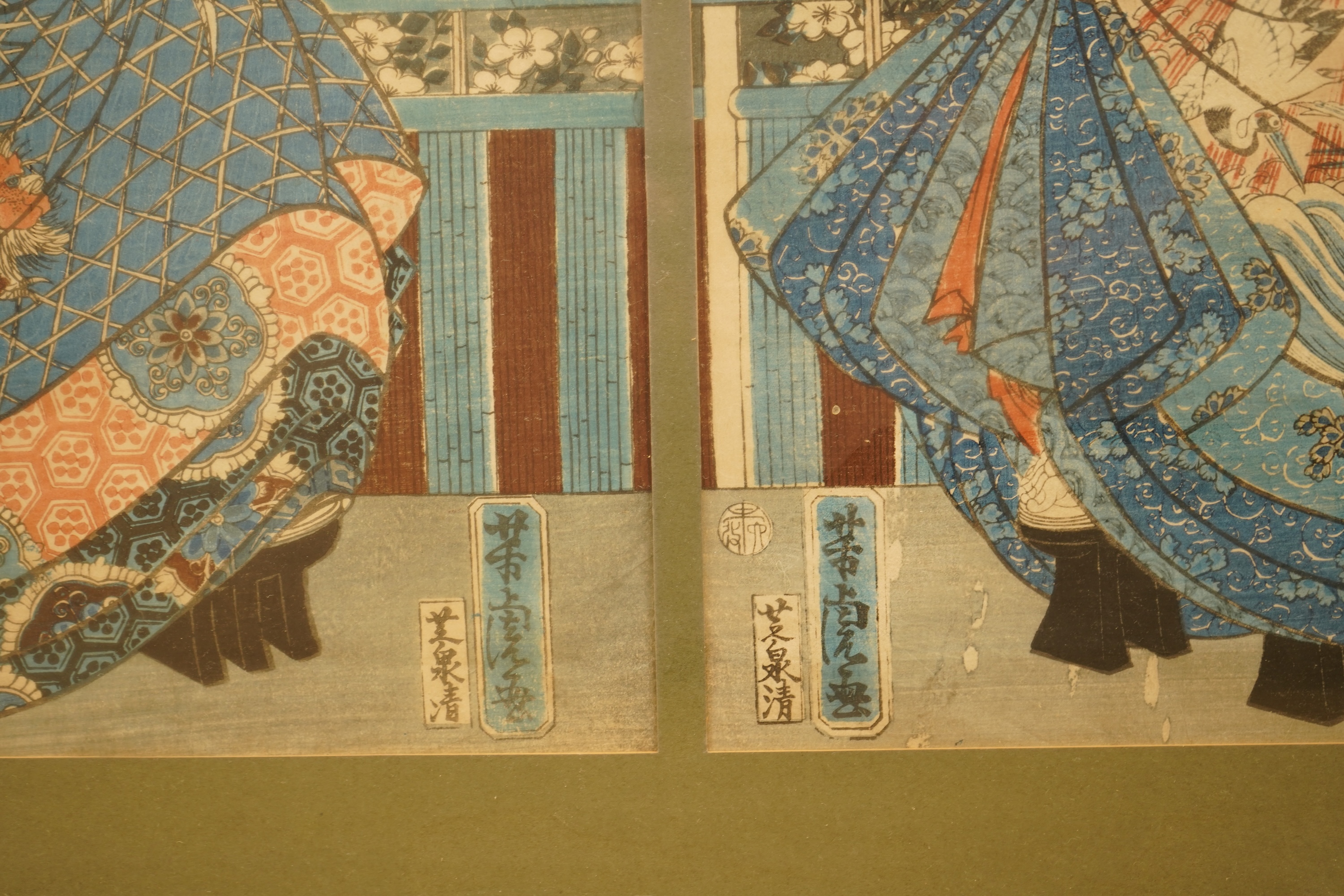 Yoshitora (Act. 1830s-80s), woodblock triptych, three courtesans in full attire standing under cherry blossoms, published by Sensei in 1859, ex. Japanese Gallery, Kensington Church Street, 35 x 74cm